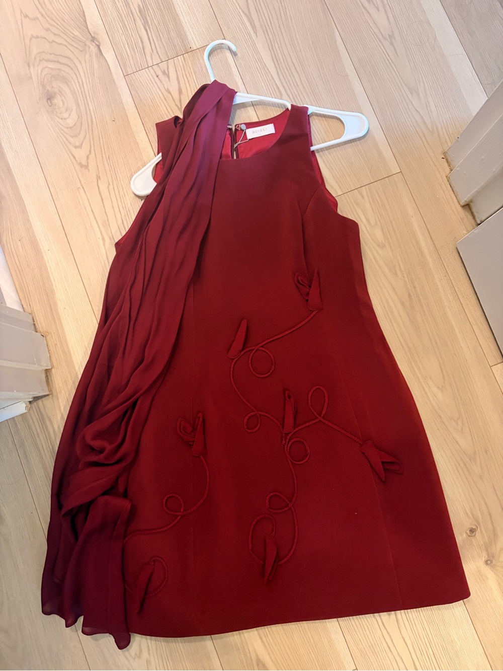 Meshki Burgundy Sleeveless Embroidered Shift Dress with Scarf - Picture 2 of 7